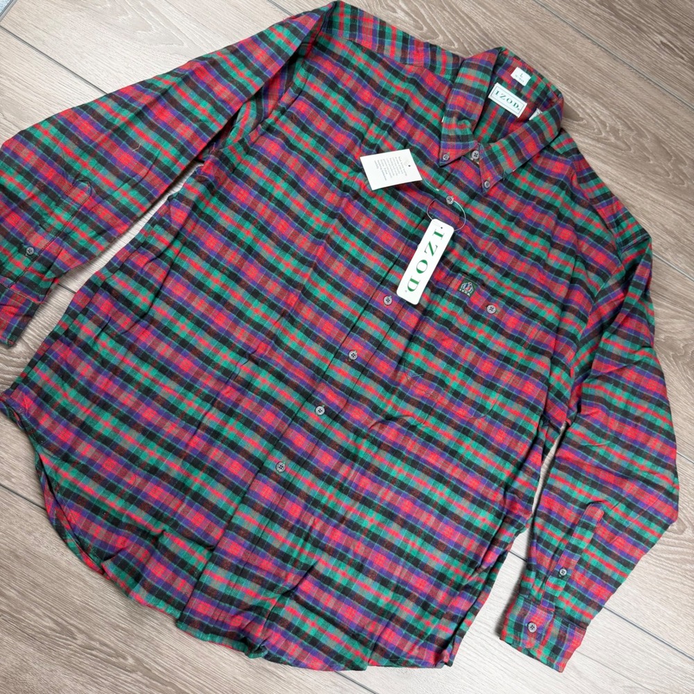 IZOD Mens Flannel Shirt Long Sleeve Plaid Button Down Red Green Purple Large